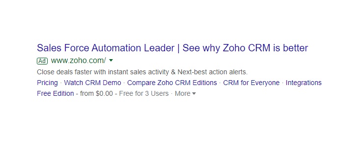 A PPC search result for sales force and zoho