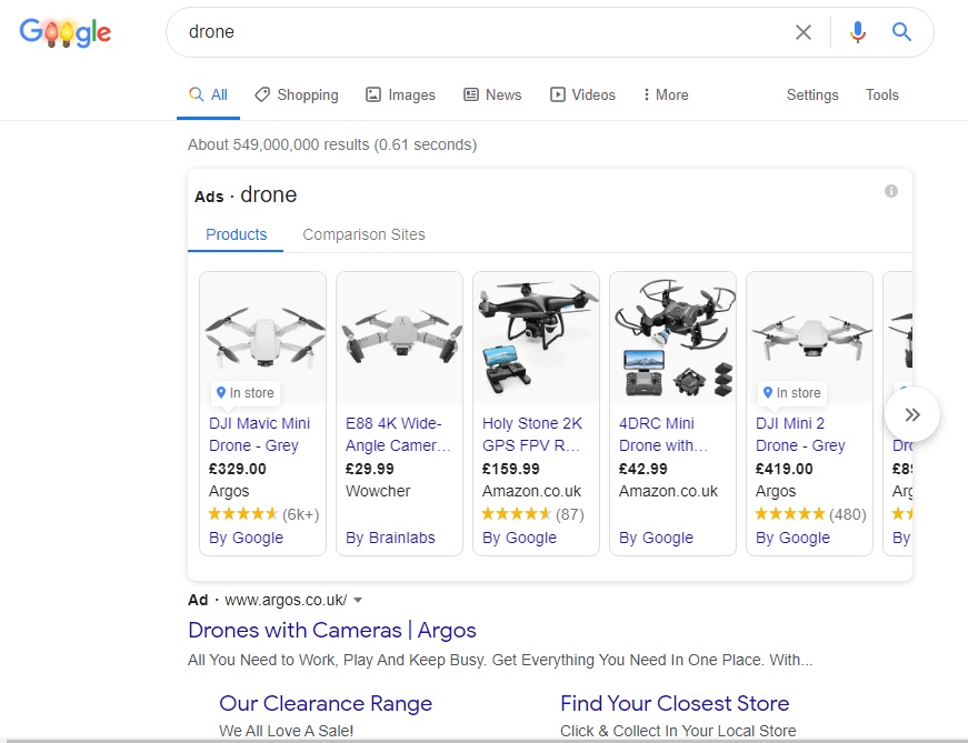 How the search results look with Google Shopping results at the top