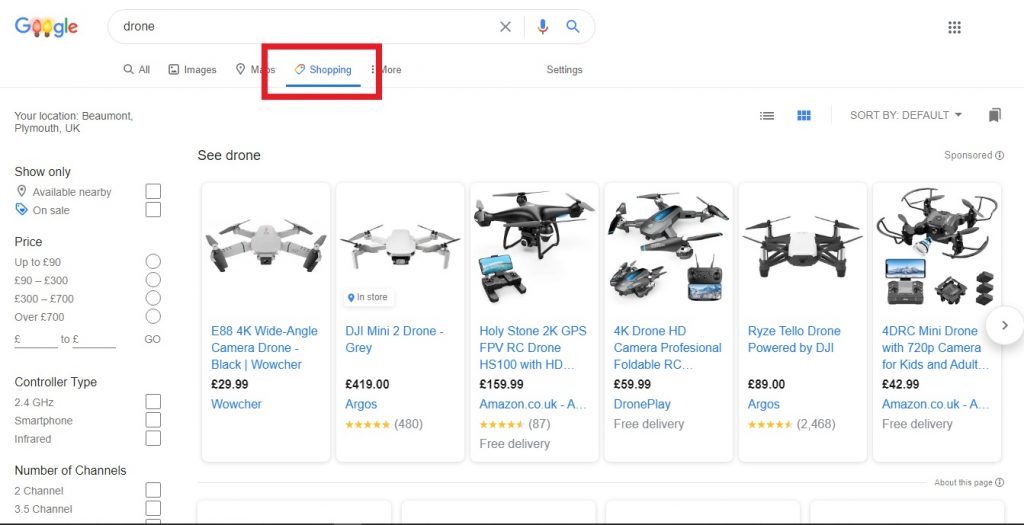 Click on the Google Shopping tab and you can customise your filters to find what you're looking for