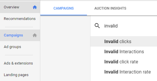 
Choosing Google ads invalid clicks columns within the campaign dashboard. 