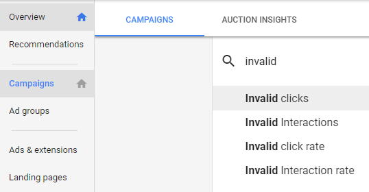 Choosing Google ads invalid clicks columns within the campaign dashboard.