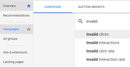  Choosing Google ads invalid clicks columns within the campaign dashboard. 