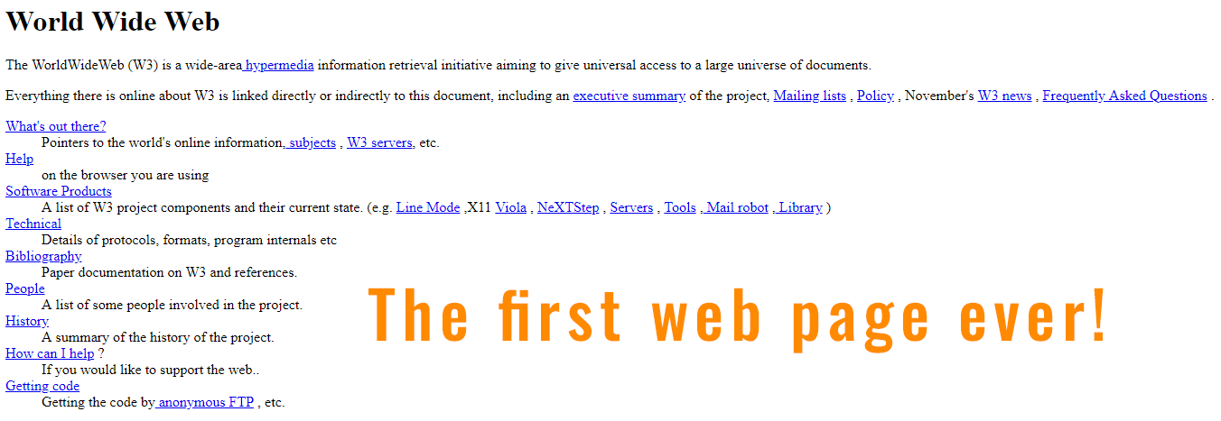 Image of the first web page released to the world wide web in 1991