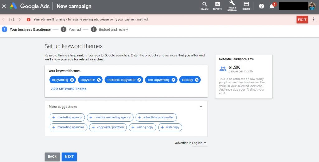 Google Ads Smart Campaign keyword themes input