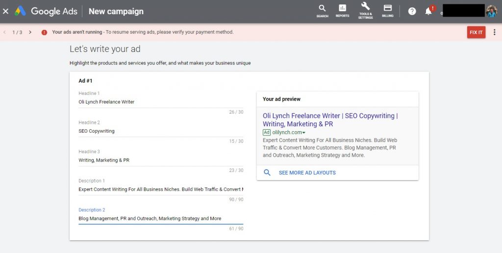 Writing the copy for a Google Ads smart campaign is the same for any Adwords PPC ad