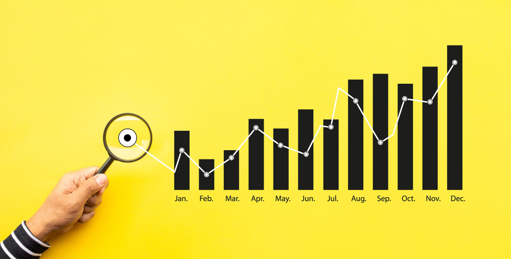 Business Audit Profit Report With Person Holding Magnifying Glass With Success Chart Information Data