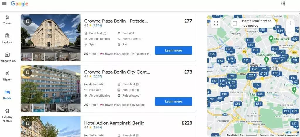 On desktop, ads on Google Maps can help choose a hotel