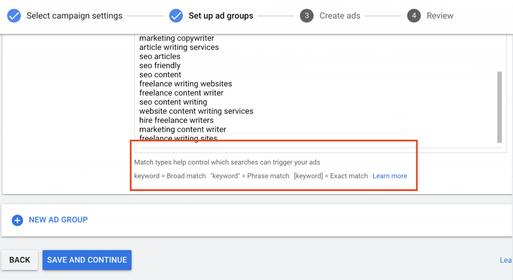 Match types including phrase match and broad match modifier in Google Ads