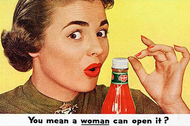 sexist ad from the 1950s saying even a woman can open a ketchup bottle