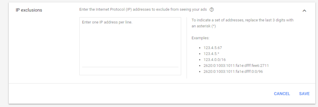 Screen grab of IP exclusions list on Google Ads dashboard