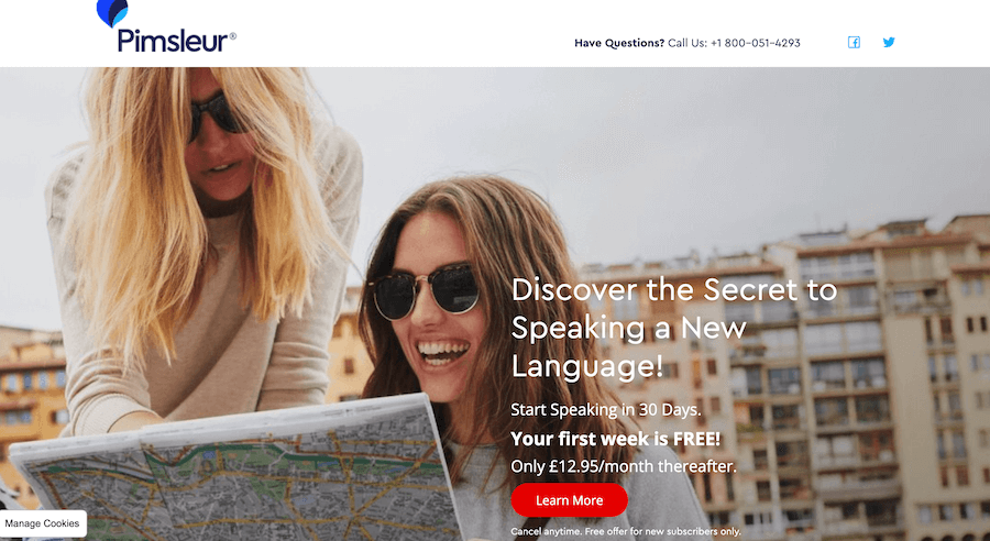 Pimsleur landing page example focuses on benefits for the user