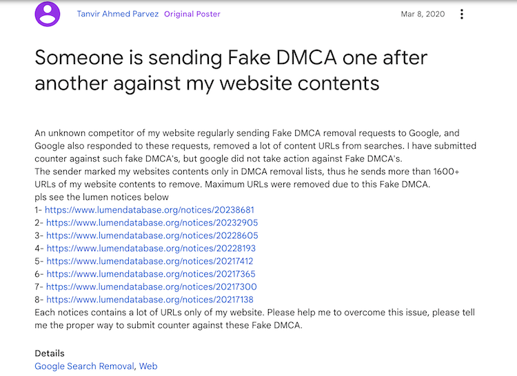 DMCA takedowns can cause negative SEO on your site