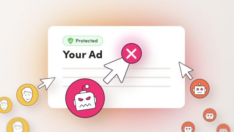 Illustration of an online ad surrounded by bot icons and fake cursor clicks, highlighting protection against click fraud.